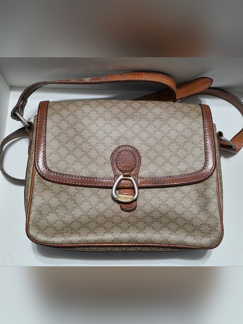 CELINE Macadam Brown Leather Trim Crossbody Shoulder Purse Bag PVC Canvas Beige